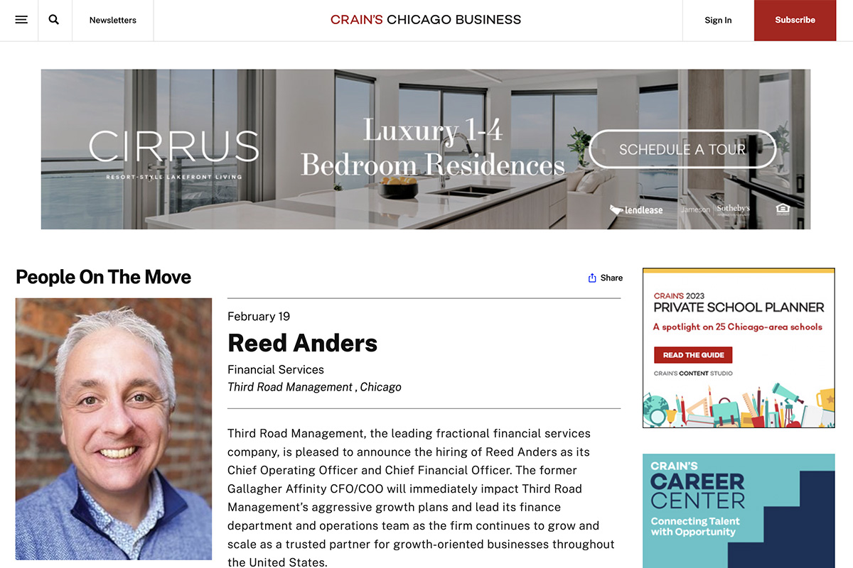 Reed Anders Joins Third Road Management – Crain’s Chicago Business