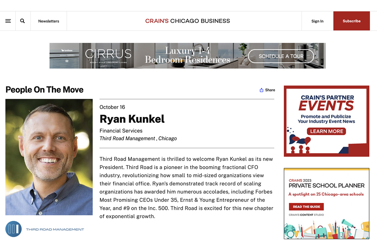 Ryan Kunkel Joins Third Road Management – Crain’s Chicago Business